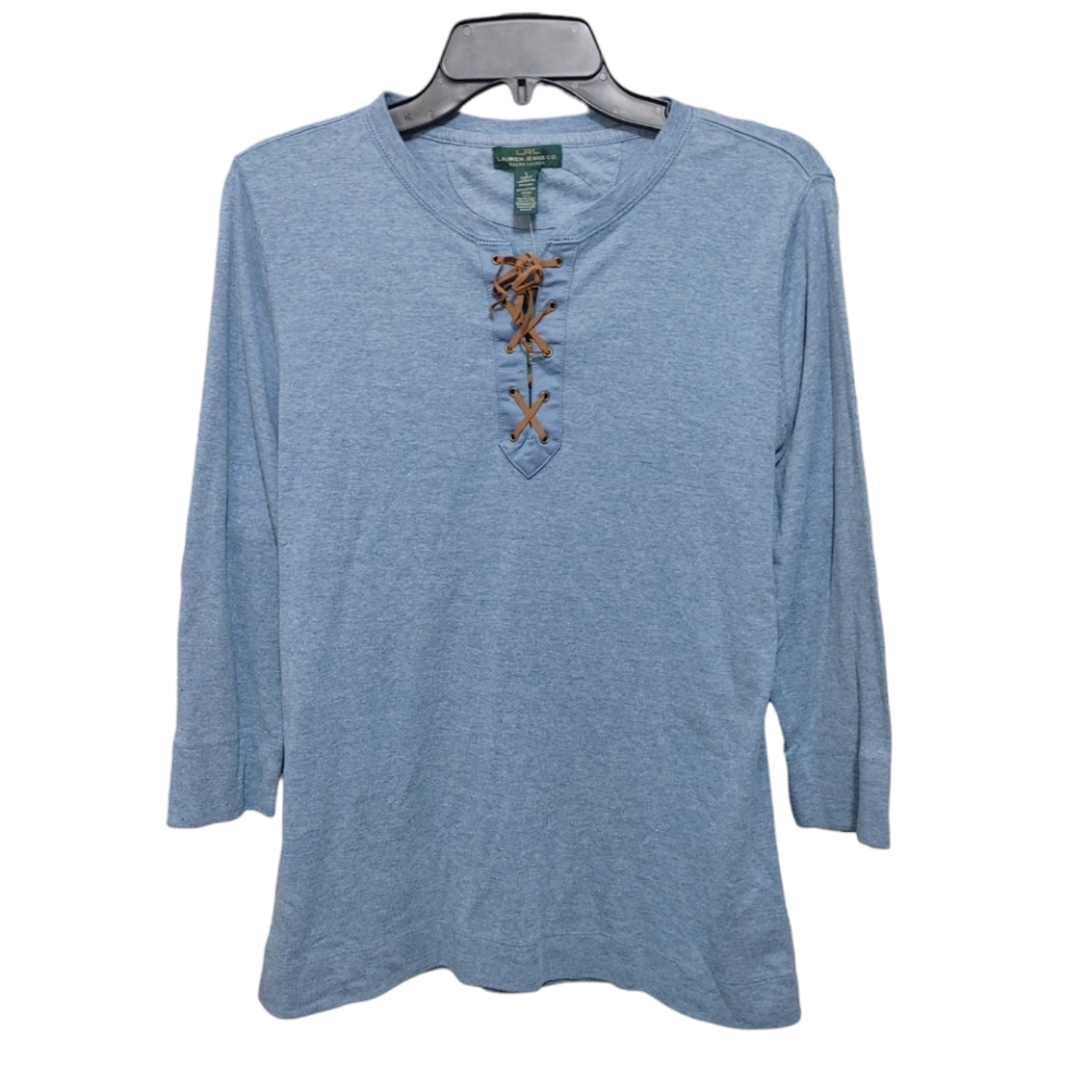 Lauren Ralph Lauren Heather Blue Tie Front Long Sleeve T Shirt Womens Size Large
